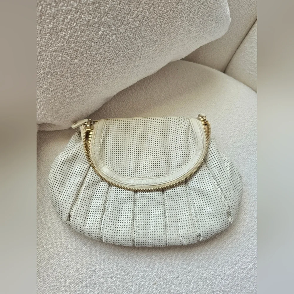 Loeffler Randall, Off White and Gold Perforated Leather Clutch